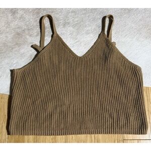 Frye Cable Knit Tan Tank Top Women's Size Large V Neck Adjustable Strap‎ Preppy